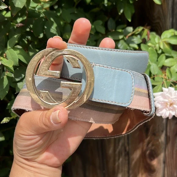 Gucci Multicolor Stripe Canvas and Leather Interlocking G Buckle Belt . Size 36 - Picture 5 of 17